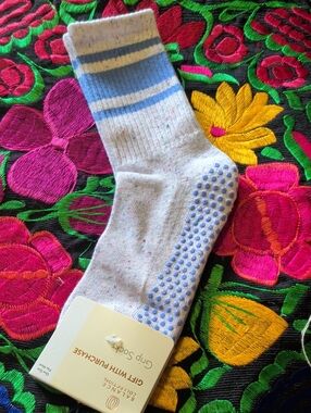 Balance Collection Non-Slip Crew Socks in Cream and Light Blue
